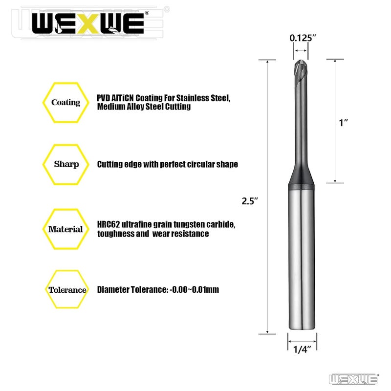WEXWE Store Tools Ball Nose Carbide End Mill, TiAlCN Coating, CNC Cutting Tools for Stainless Steel,Hardened Steels,High Temp Alloys,Medium Alloy Steels, 2 Flute, 1/4 Shank,(Ball Mills 1/8-2.5" 2pcs) - Image 2